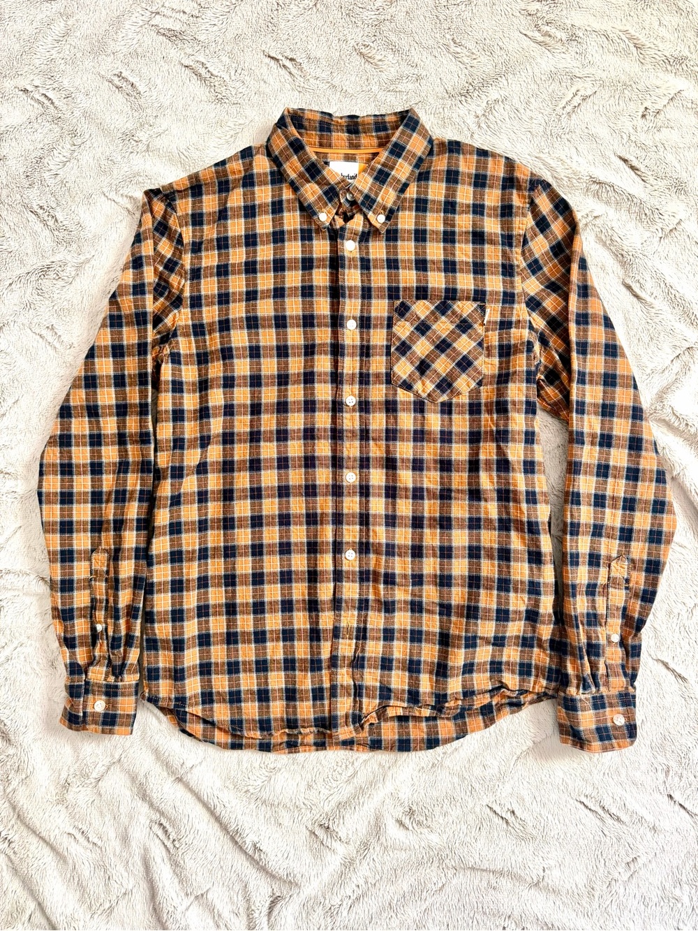 Timberland Men's M Slim Fit Plaid Flannel Button Down Shirt Orange Navy Blue